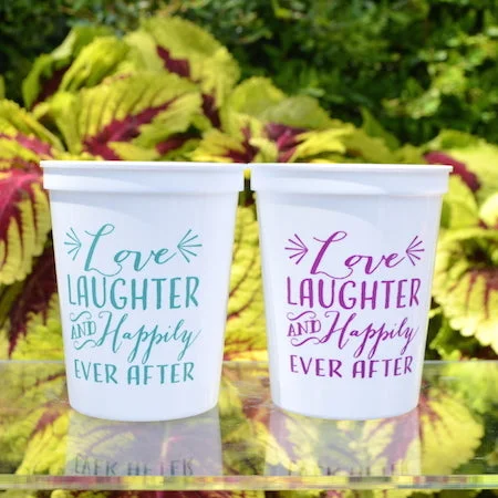 ceramic mugs with quirky designs-Love Laughter Happily Ever After Party Cups