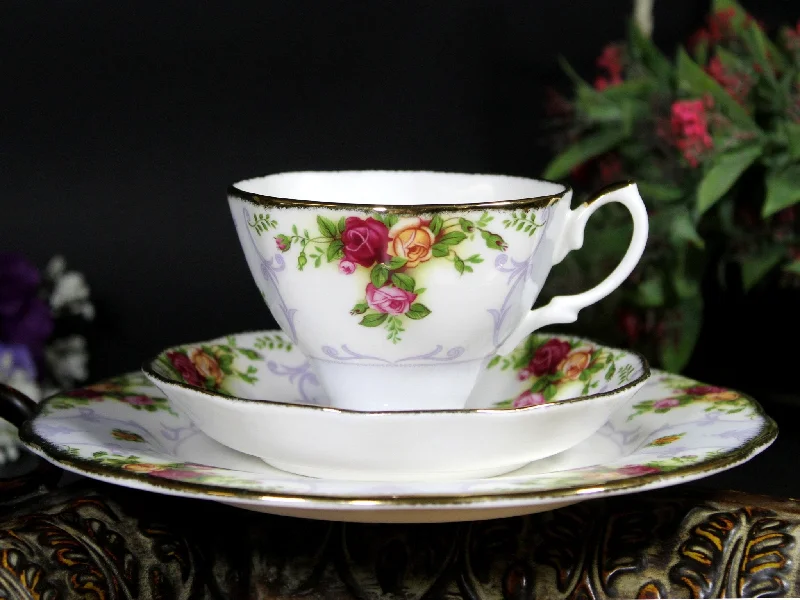 minimalist mugs for modern homes-Royal Albert Tea Cup, Saucer & Side Plate, Rose Cameo Violet Teacup, English China -J