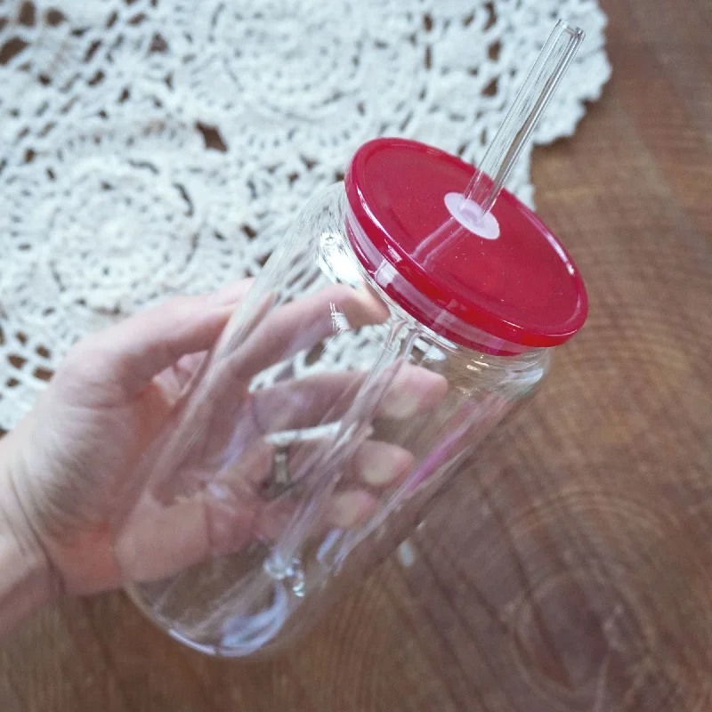 beautiful ceramic mugs-16oz Glass Can | Clear Cup + Burgundy Plastic Lid