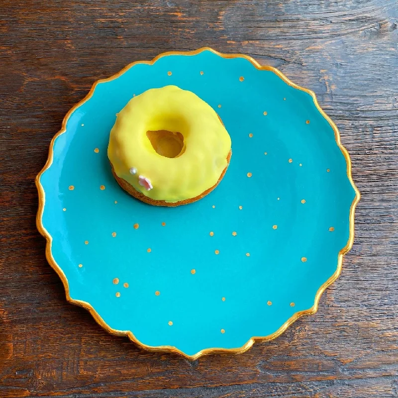 ceramic dinnerware for modern dining-10” Alhambra plate in dark aqua with new gold scalloped  edges & mini polka dots