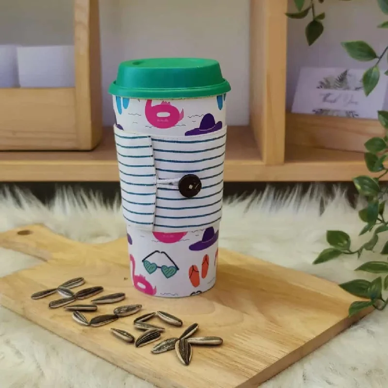 gift coffee mugs for friends-Eco-friendly Cup & Cup sleeve by Chirpy Cups with Sipper lid-BEACH FLAMINGO