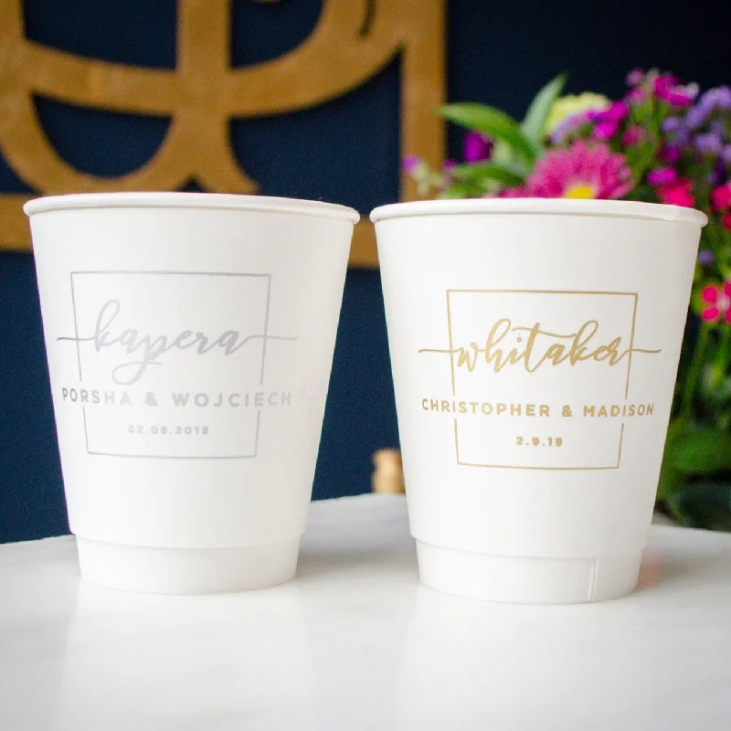 eco-friendly travel coffee mugs-Metallic Ink Square Monogrammed Paper Cups