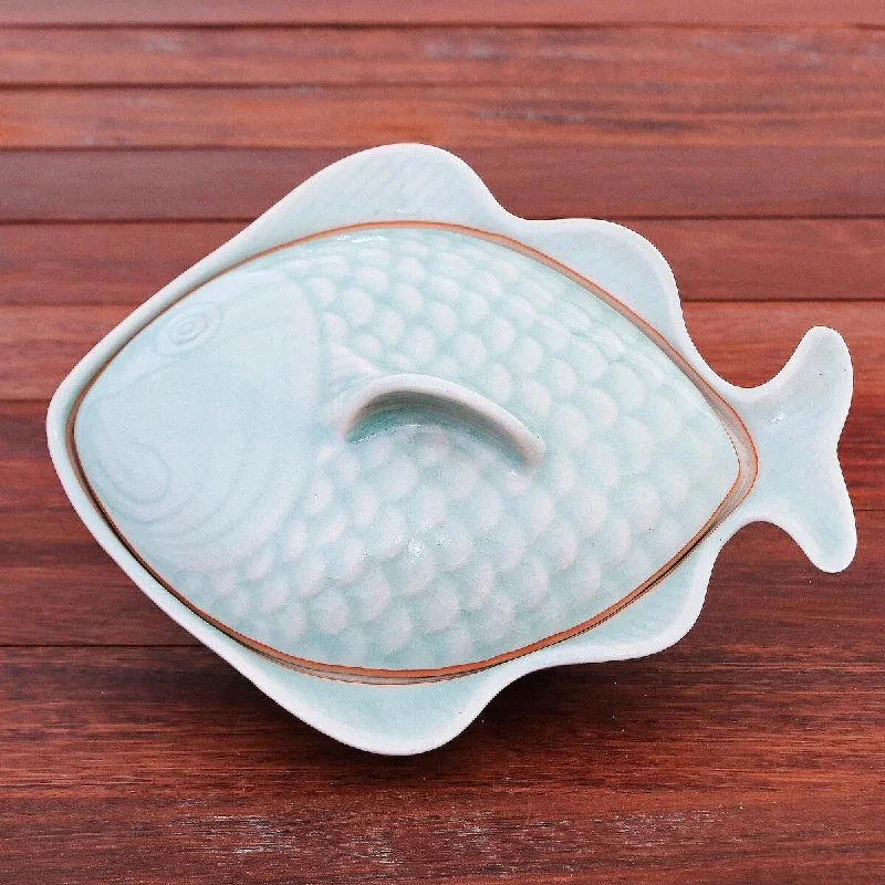 minimalistic cutlery sets for dinner-Novica Handmade Fish Dish In Aqua Celadon Ceramic Lidded Bowl