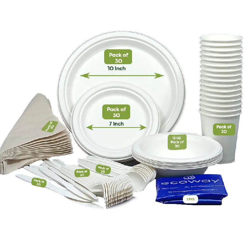 retro dinnerware with patterns-ECOWAY PARTY PACK FOR 30 PERSONS-NATURAL