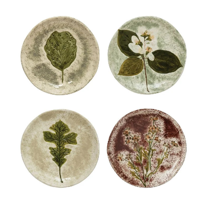 high-quality porcelain plates for dining-Hand-Painted Stoneware Plate with Debossed Florals - 6.0"L x 6.0"W x 1.0"H