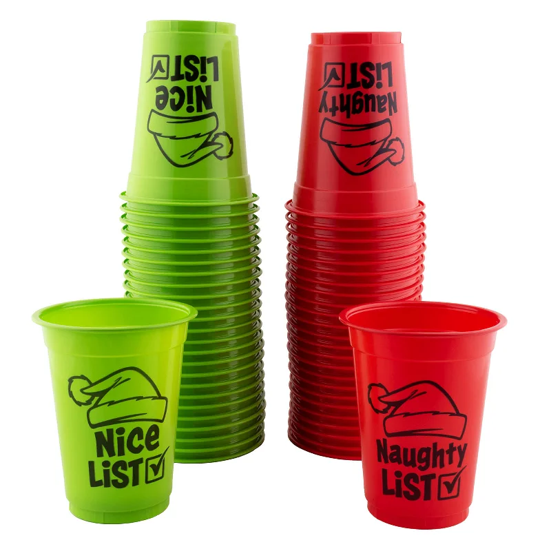 double wall travel mugs-Naughty or Nice List Reusable Plastic Cups - 16oz - 50 pack