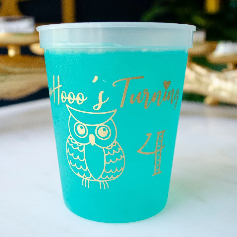 eco friendly ceramic mugs-Owl Themed 4th Birthday Color Change Stadium Cups