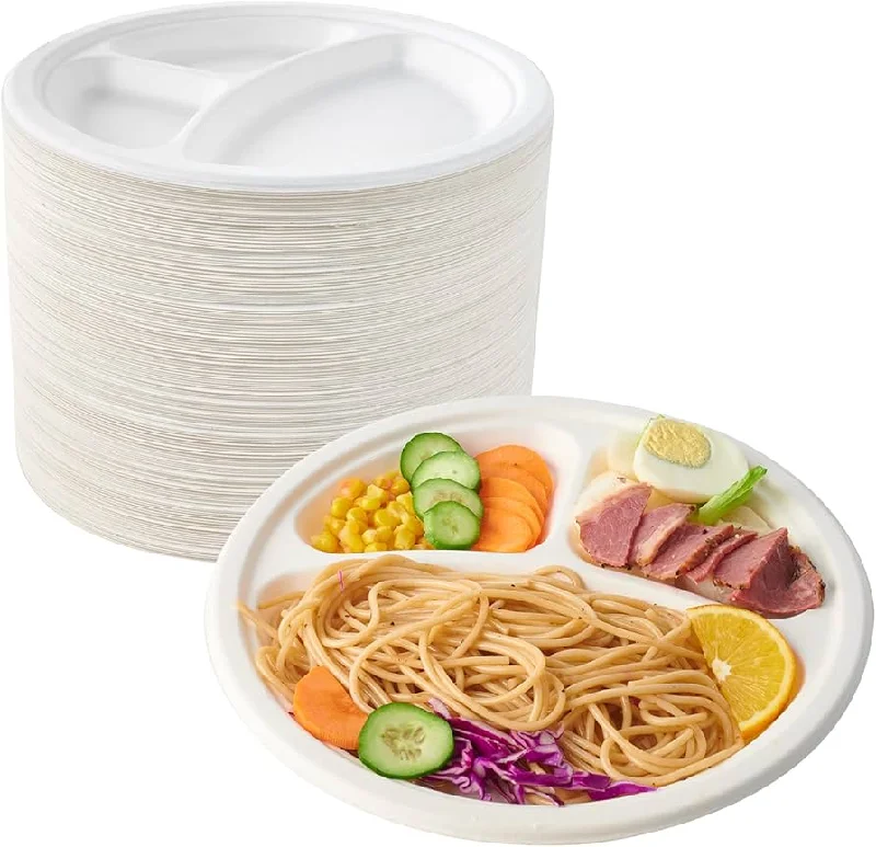 colorful plates and bowls set-BAGASSE 3 COMPARTMENT PLATE-10 INCH ROUND WHITE-CARTON OF 500PCS