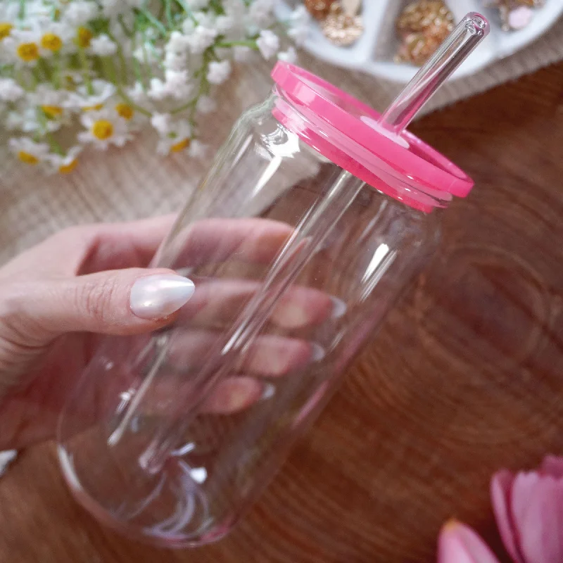 cute coffee cups for morning coffee-16oz Glass Can | Clear Cup + Hot Pink Plastic Lid