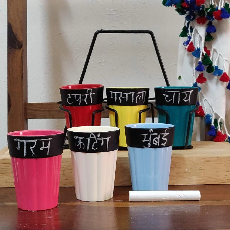 best mugs for tea drinkers-Unbreakable Cutting Chai Cups with Stand - Set of 6 - Chalkboard Multicolor