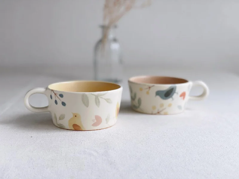 cute coffee mugs with animals-Buncho Pottery Bird and flower soup cup - Yellow