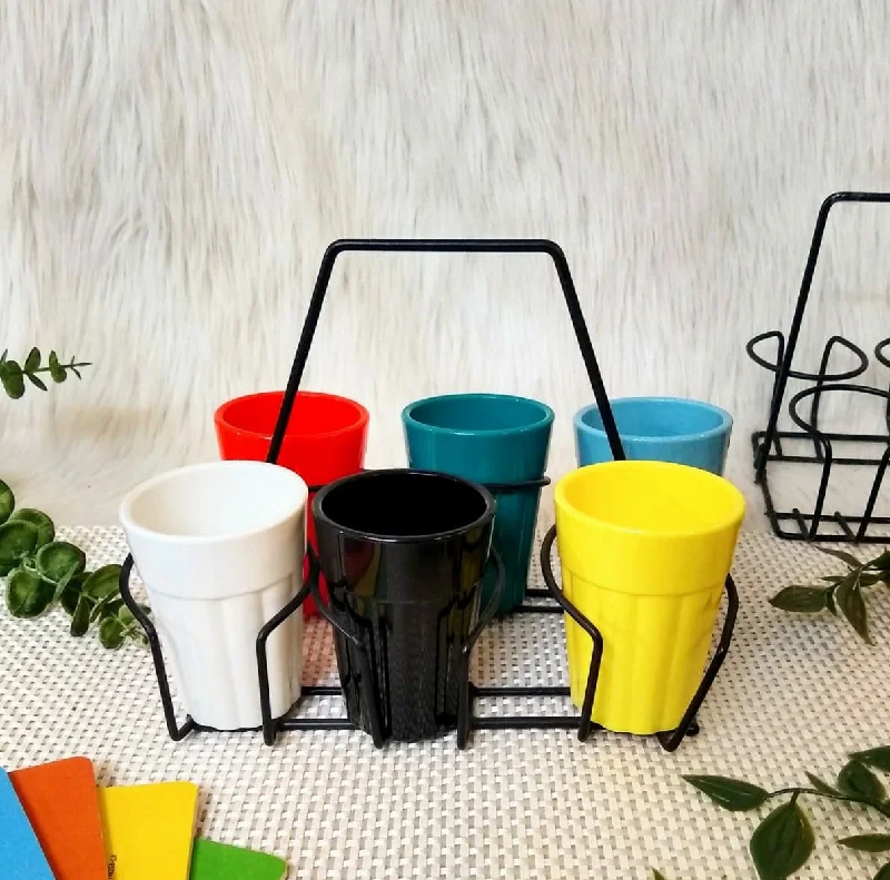 extra large coffee mugs-Unbreakable Cutting Chai Cups with Stand - Set of 6 - Solid Multicolor