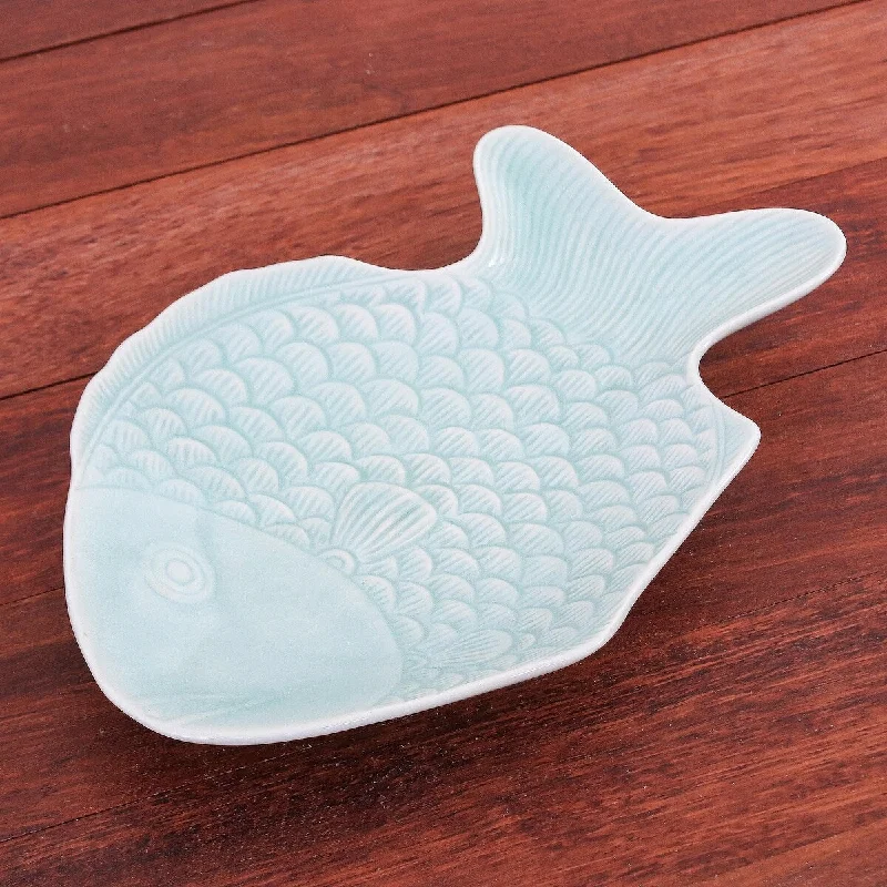 premium stoneware dinnerware set-Novica Handmade Mae Ping Fish In Aqua Celadon Ceramic Serving Plate