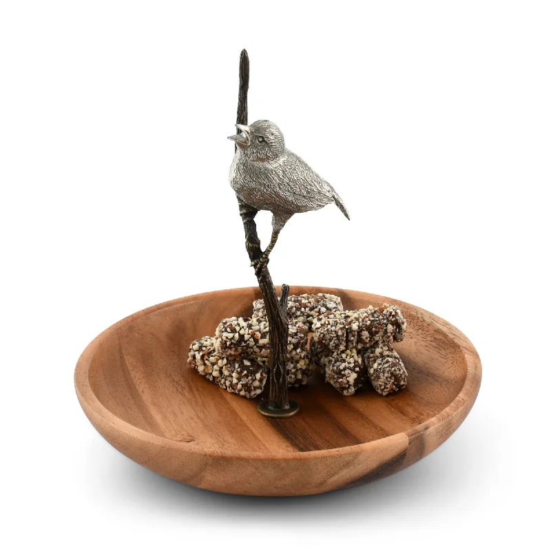 heavy-duty dinnerware for camping-Bronze Song Bird Wood Tidbit Server Bowl