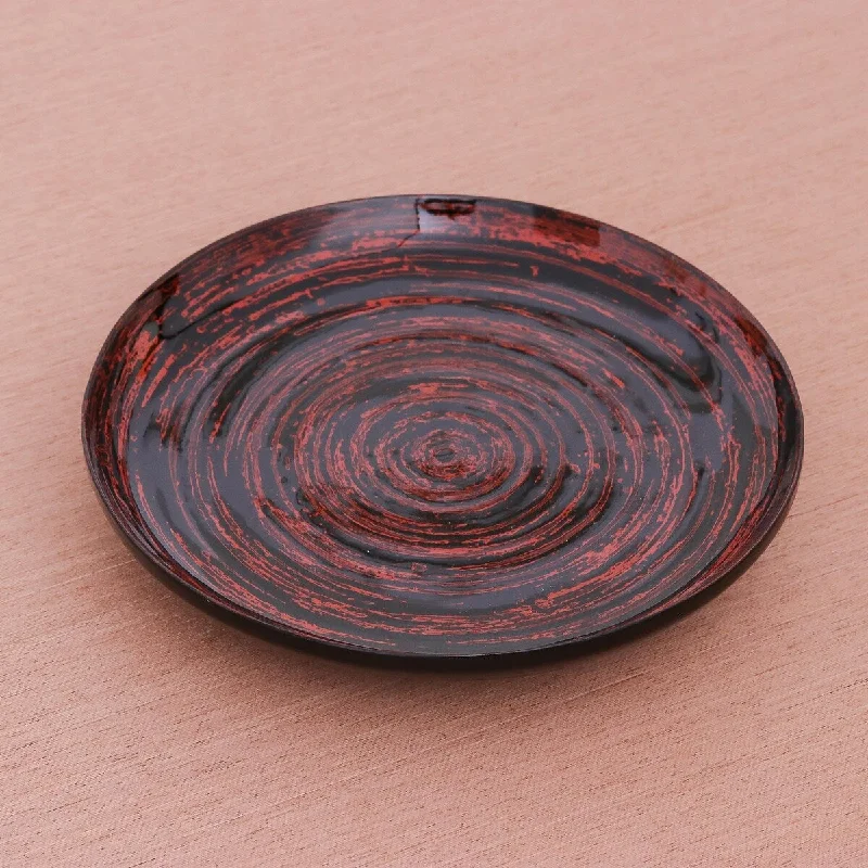 family-friendly dinnerware sets-Novica Handmade Red Vortex Lacquered Bamboo Decorative Plate