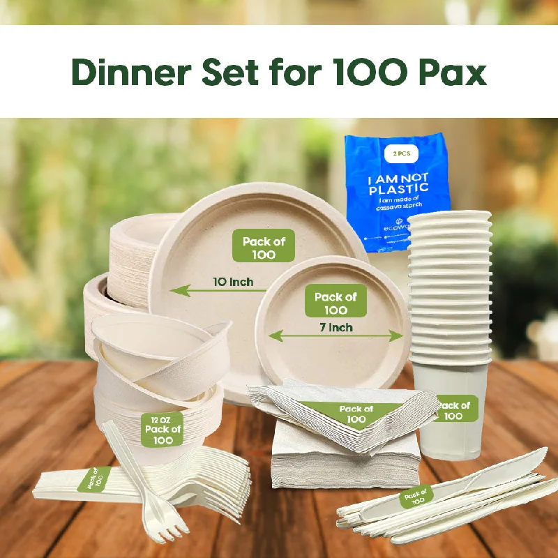 classic tableware set for family meals-ECOWAY PARTY PACK FOR 100 PERSONS-NATURAL