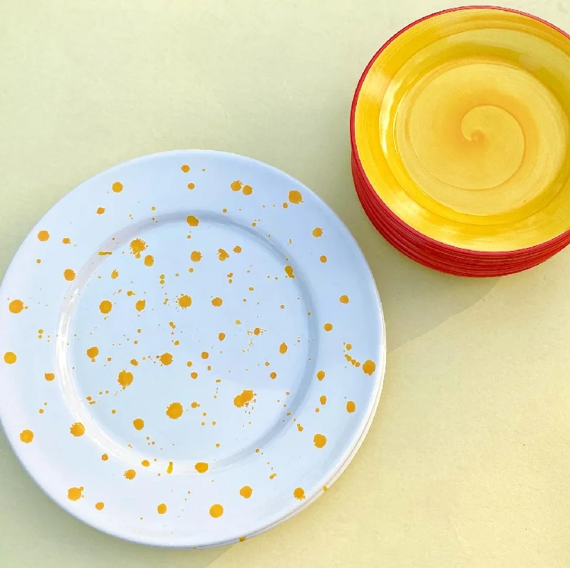 eco-conscious melamine plates-8” side plate in yellow with 2 large serving platters.