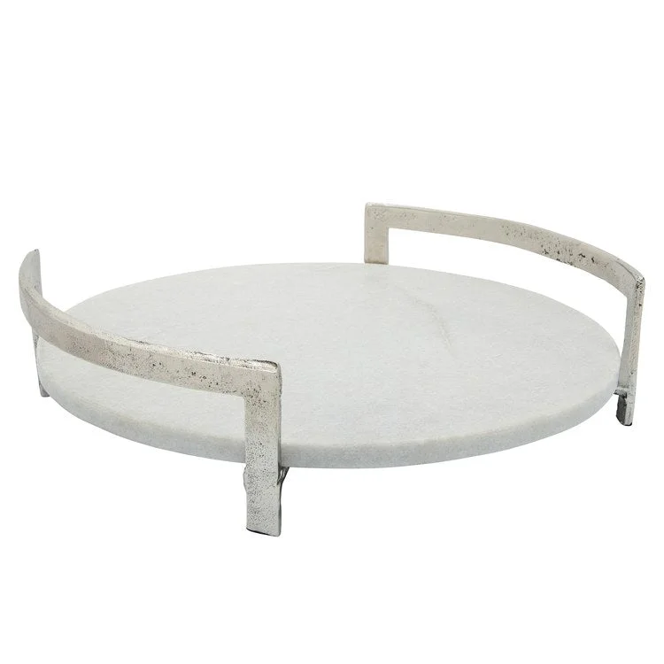 best dinnerware for special occasions-14" White Marble Tray with Silver Metal Handles