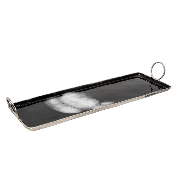 bamboo dinnerware for eco-conscious-32" x 10" Rectangular Metal Tray with Silver Ring Handles - Black