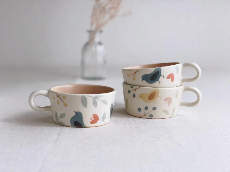 personalized coffee mugs for her-Buncho Pottery Bird and flower soup cup - Blue