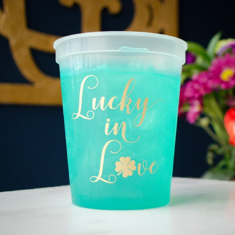 eco-friendly reusable travel mugs-Personalized "Lucky In Love" Color Changing Stadium Cups