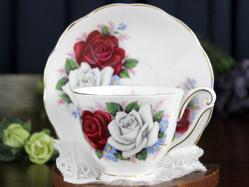 handmade coffee mugs for home-Red Roses Teacup, Tea Cup & Saucer - Queen Anne, Footed Teacup 18418