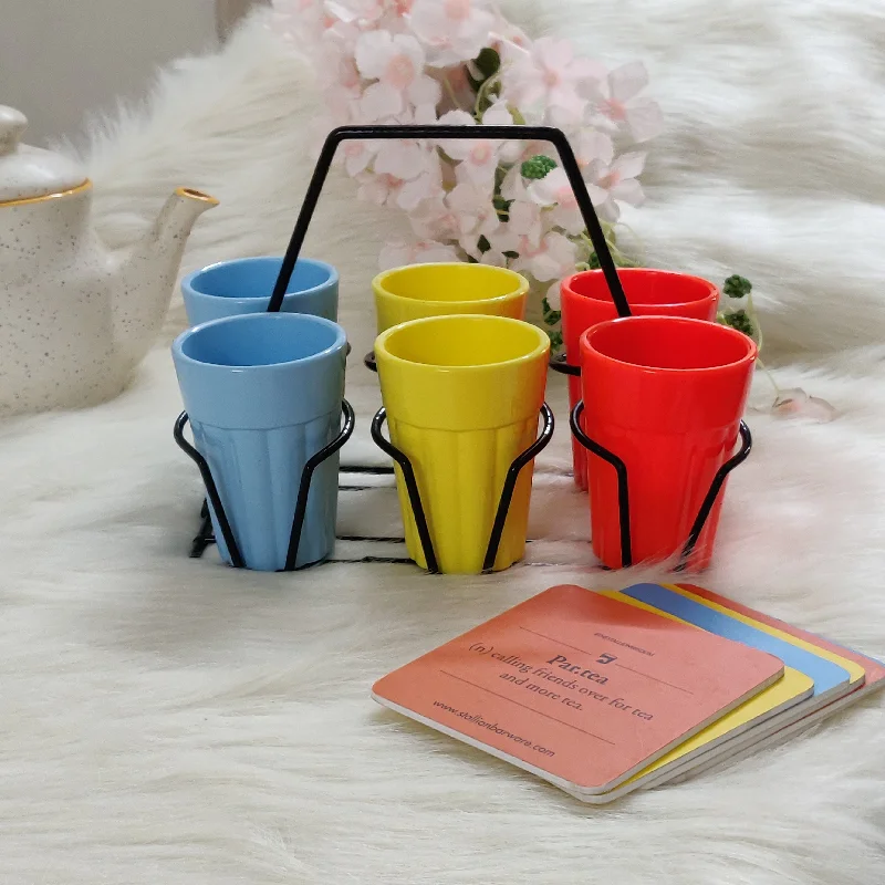 hand-crafted coffee mugs-Unbreakable Cutting Chai Cups with Stand - Set of 6 - Morning Hues