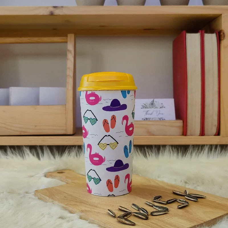 reusable coffee mugs with lids-Designer Cups by Chirpy Cups with coffee & sipper lids - Beach Flamingo