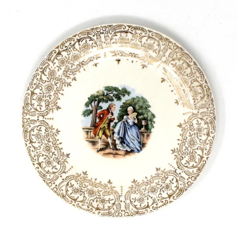 colorful dinnerware for home use-Bread & Butter Plate, Sebring Pottery, Chantilly, Fragonard Courting Couple, Vintage USA