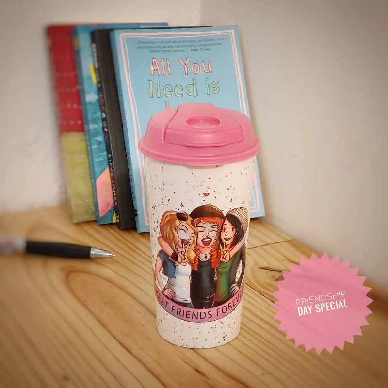 insulated cups for morning coffee-Designer Cup by Chirpy Cups with coffee & sipper lids - Best Friends Forever