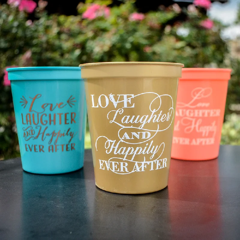 custom mugs for promotional gifts-Custom Love, Laughter, and Happily Ever After Stadium Cups