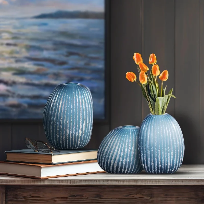 Modern flower vases for dining table -Allan Andrews Contemporary Asymmetrical Matte Blue & Silver Glass Vase Collection