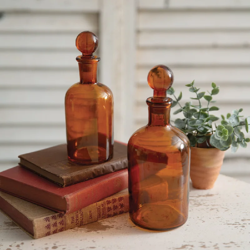 Rustic wooden vases -Amber Glass Bottles with Stoppers - Set of 2