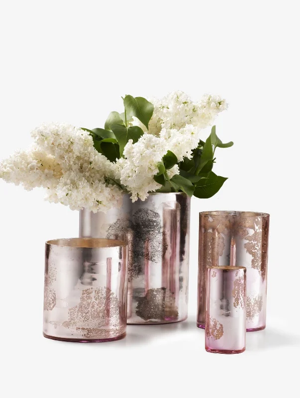 Rustic decorative vases for flower arrangements -Antique Pink Glass Cylinders, in 6 Designs