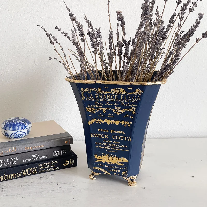 Affordable flower vases for home use -Blue & Gold Tin Vase