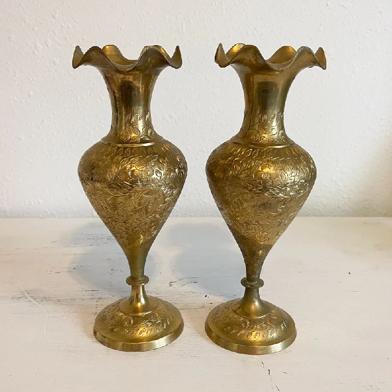 Luxury flower vases for office spaces -India Etched Brass Vases - Set of 2 - Vintage