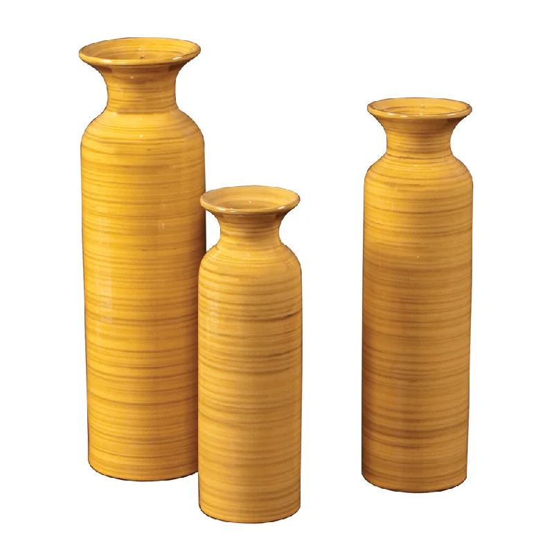 Large decorative vases for home decor -Canary Yellow w/ Striped Accents Glazed Ceramic Vases (Set of 3)