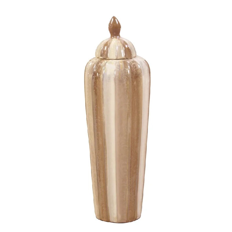 Large ceramic vases for sale -Cream and Mocha Ribbed Short Ceramic Urn