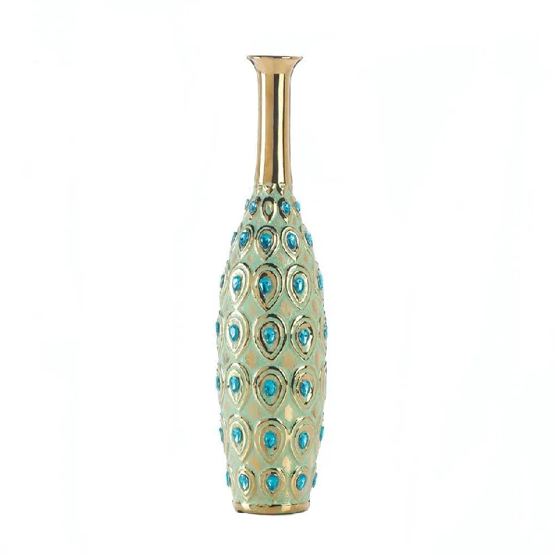 Clear glass vases for weddings -Golden Accent Peacock Long Neck Jewel Vase