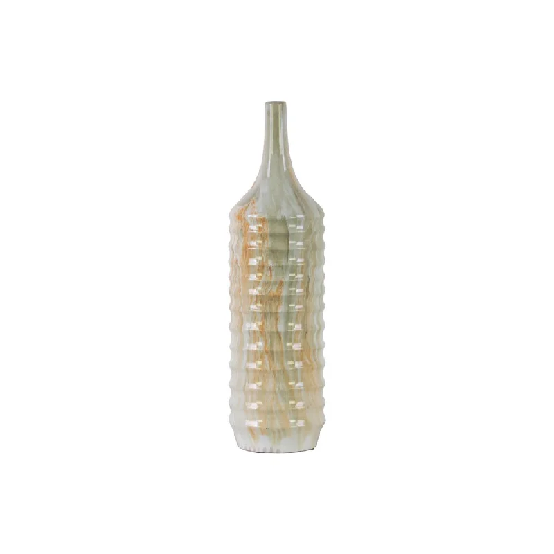 Affordable flower vases for wedding decoration -Marbleized White Gloss Finished Ceramic Tall Bottle Vase with Ribbed Body and Long Neck