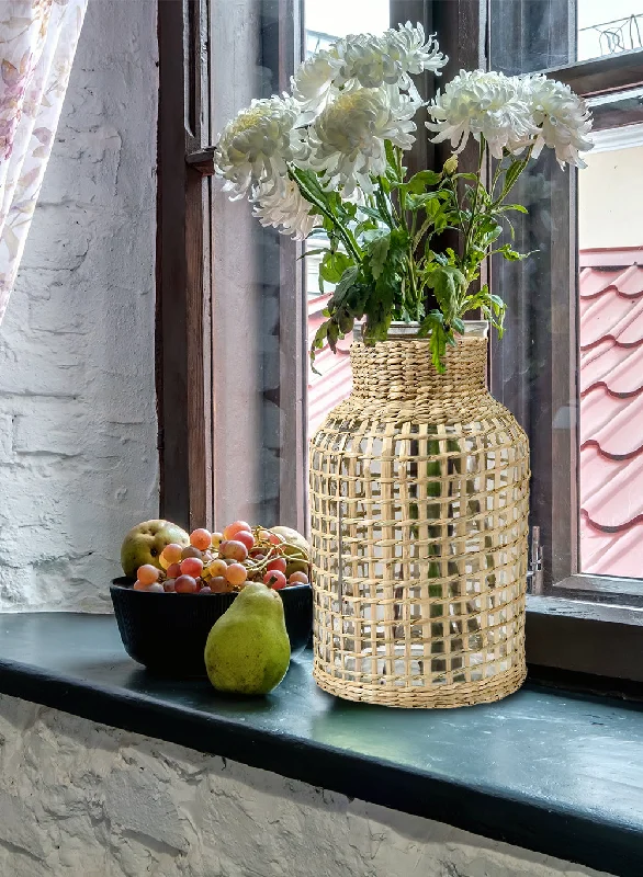 Unique ceramic vases for sale -Natural Rattan Wrapped Bottle Vase, In 2 Sizes