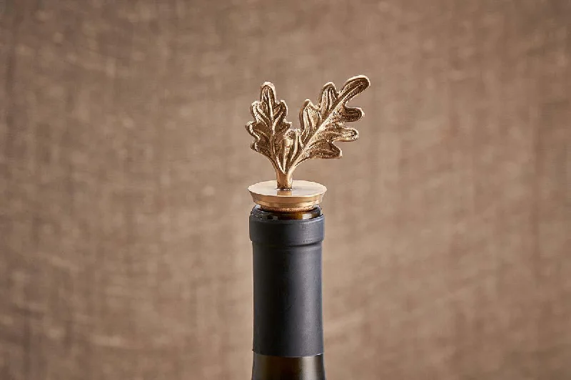 Affordable flower vases online -Oak Leaf Brass Bottle Stopper