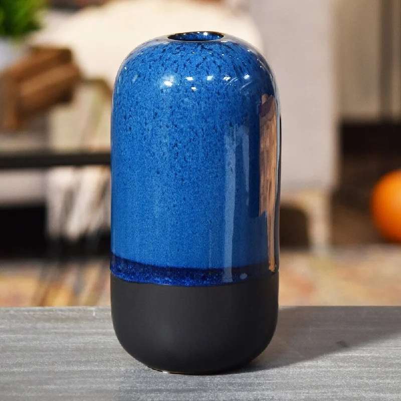 Small decorative vases for tables -UTC11423: Stoneware Cyclinder Vase with Small Mouth and Black Banded Rim Bottom LG Gloss Finish Blue