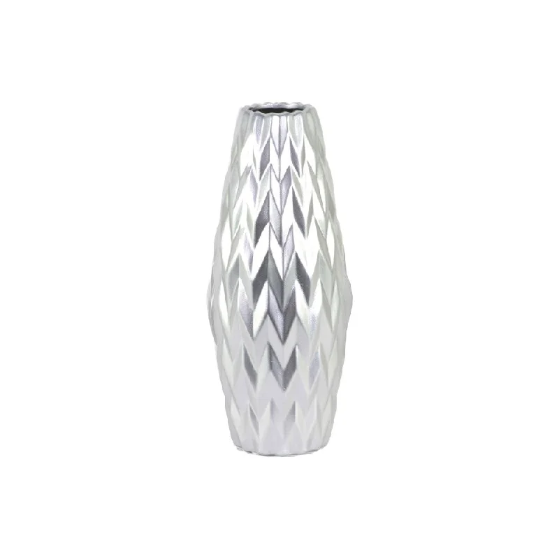 Designer vases for table centerpieces -UTC21443: Ceramic Rounded Bellied Vase with Round Lip and Embossed Wave Design LG Matte Finish Silver