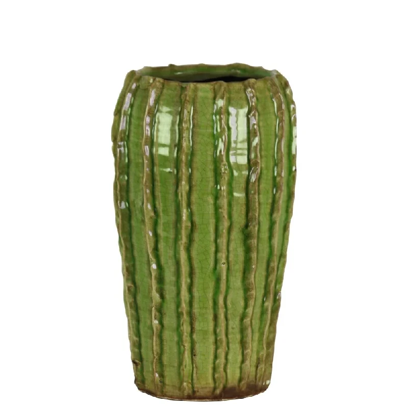 Luxury decorative vases for modern homes -UTC51608: Ceramic Tall Round Vase with Stripes Patter Design Body and Tapered Bottom SM Gloss Finish Green