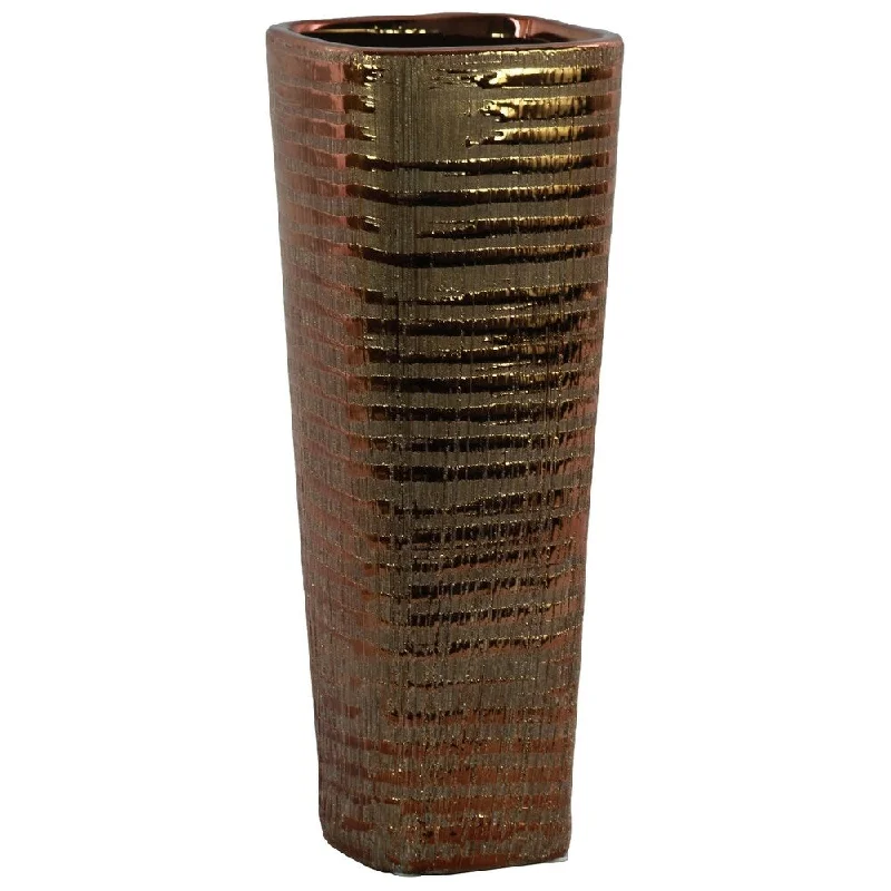 Colorful vases for living room decoration -UTC51706: Ceramic Tall Square Vase with Ribbed Design Body and Tapered Bottom Distressed Finish Copper