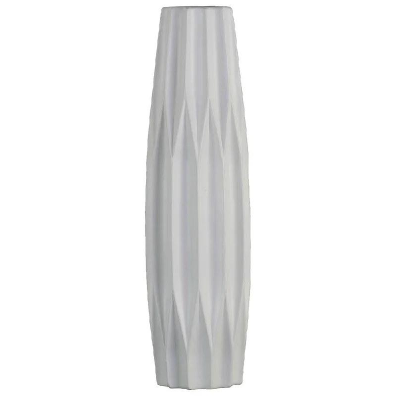 Simple handmade flower vases for living room -UTC53012: Ceramic Patterned Bellied Round Vase with Embossed Diamond Design Body and Tapered Bottom LG Matte Finish White