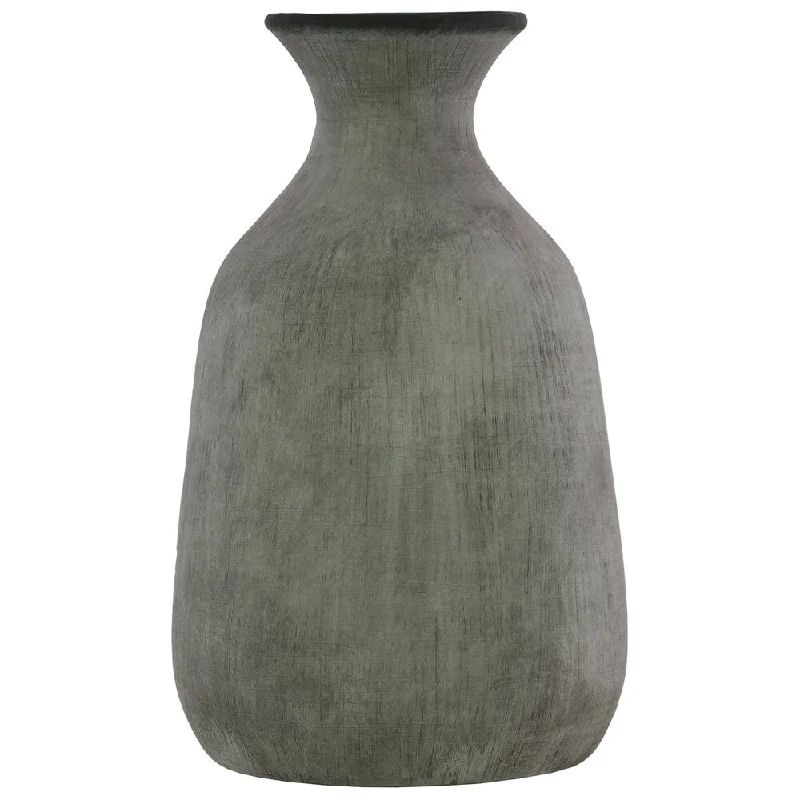 Hand-painted flower vases for modern homes -UTC70956: Terracotta Round Flower Vase with Narrow Mouth, and Trumpet and Short Neck Washed Concrete Finish Gray