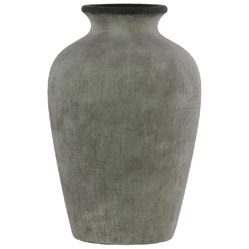 Stylish flower vases for contemporary living -UTC70958: Terracotta Round Flower Vase with Short Neck and Tapered Bottom Washed Concrete Finish Gray