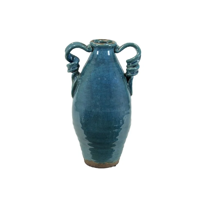 Hand-painted ceramic flower vases -UTC76047: Ceramic Round Bellied Tuscan Vase with 2 Looped Handles Craquelure Gloss Distressed Gloss Finish Marine Blue